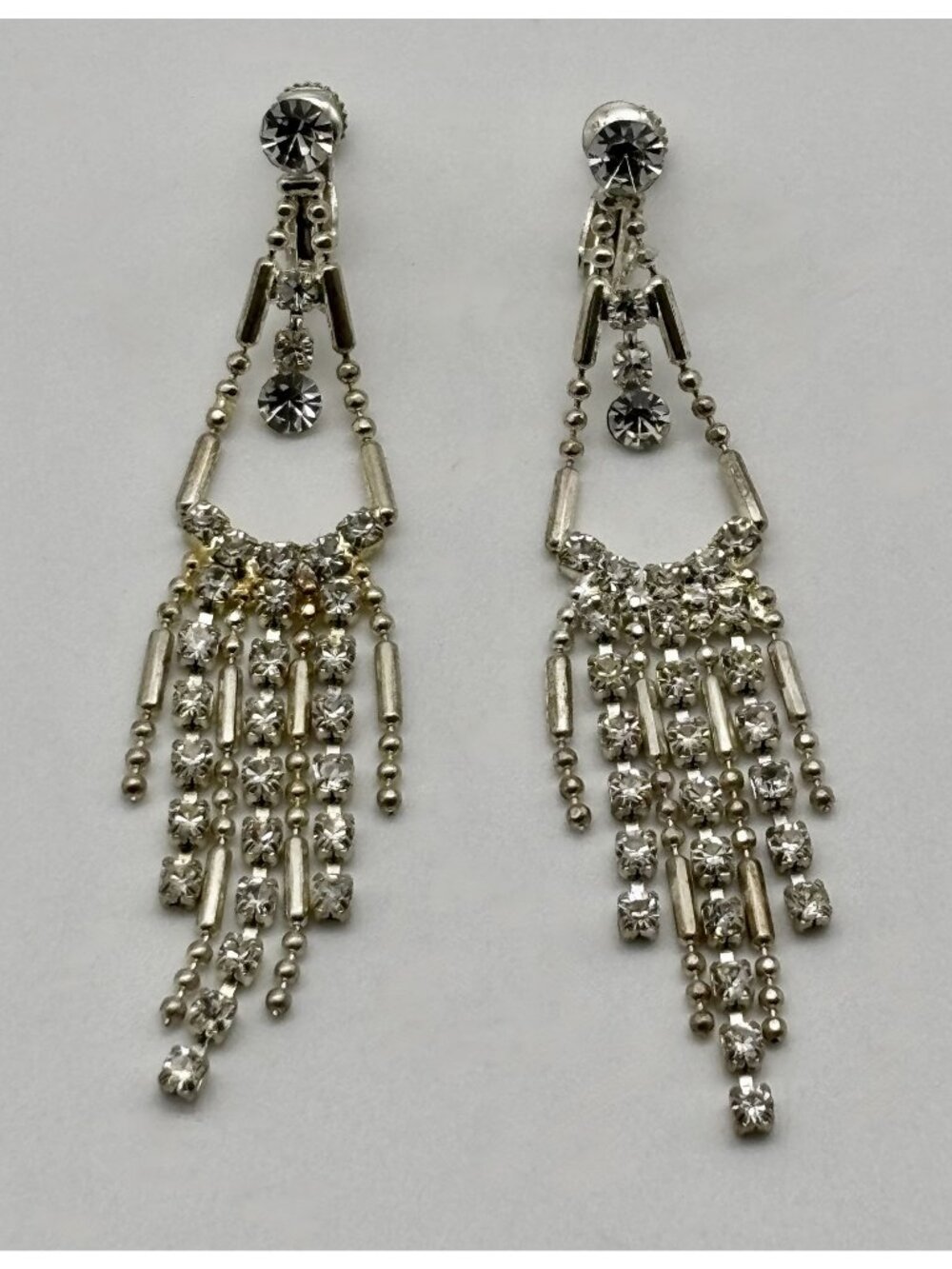 Vintage Rhinestone Dangle Chandelier Earrings Silver Tone Clip-On and Screw-Back
